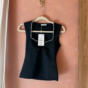 Zara Women's Black Beaded Square Neck Tank Top